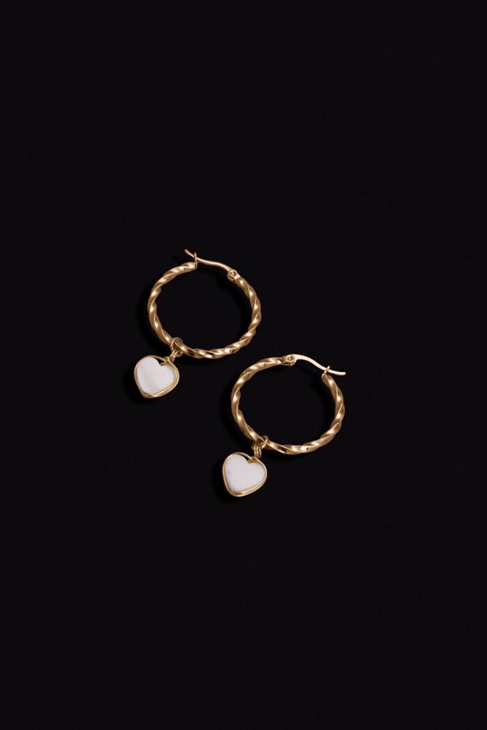 Pendientes aro dorado con corazón blanco (colgante extraíble) - Perlamabe - Imagen 2