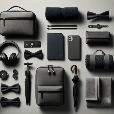 DALL·E 2024-05-11 18.11.06 - A refined and minimalist display of select men's accessories on a sophisticated, gray background. The collection features a classroom pencil case, a m